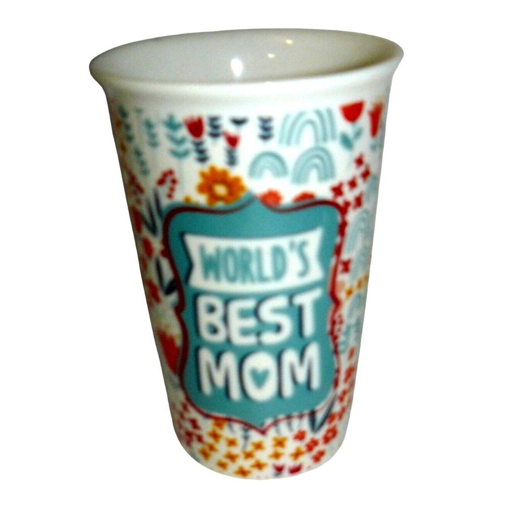 World's Best Mom Ceramic Tea Coffee Tumbler Mug with Floral Design 16 fl oz